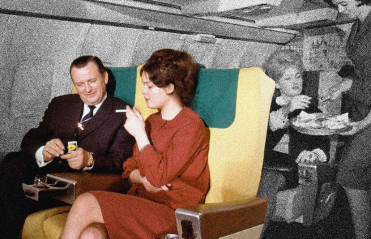 Cabin aisle view with classic seats and overhead bins from a past era of flying